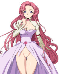 Rule 34 | 1girl, blue eyes, blush, bottomless, breasts, cleavage, cleft of venus, code geass, euphemia li britannia, highres, large breasts, long hair, no panties, open mouth, pink hair, pussy, solo, standing, uncensored, very long hair, white background, zundarepon