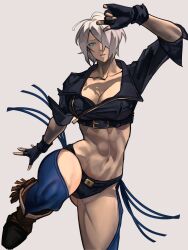 Rule 34 | 1girl, abs, angel (kof), black gloves, black jacket, blue eyes, bra, breasts, chaps, cleavage, collarbone, crop top, cropped jacket, denim, fingerless gloves, gloves, hair over one eye, hand up, highres, jacket, jeans, large breasts, leather, leather jacket, one eye covered, pants, short hair, simple background, solo, strapless, strapless bra, syachiiro, the king of fighters, the king of fighters 2001, the king of fighters xiv, underwear, white background, white hair