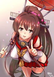 Rule 34 | 10s, 1girl, artist name, bare shoulders, breasts, brown eyes, brown hair, cherry blossoms, collar, detached sleeves, covered erect nipples, hair between eyes, headgear, hip vent, index finger raised, kantai collection, large breasts, leaning forward, lips, long hair, looking at viewer, miniskirt, parted lips, pleated skirt, red skirt, shungikuten, single thighhigh, skirt, solo, thighhighs, umbrella, very long hair, yamato (kancolle), z flag