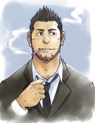 Rule 34 | 1boy, alternate hairstyle, beard, black necktie, bleach, cropped torso, facial hair, formal, kurosaki isshin, light blush, long sideburns, male focus, mature male, necktie, short hair, sideburns, smile, smoking, solo, spiked hair, stubble, suit, suv (suv032), thick eyebrows, unfinished