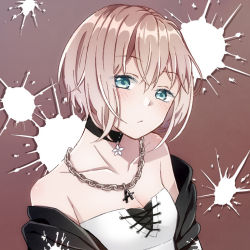 Rule 34 | 1girl, aoba moca, bang dream!, black choker, black jacket, blue eyes, blush, chain, chain necklace, choker, collarbone, cross-laced clothes, frown, grey hair, jacket, jewelry, looking at viewer, necklace, nekojarashi (r-grey), off shoulder, paint splatter, paint stains, pendant, short hair, solo, splatter print, upper body