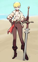 Rule 34 | 1girl, beach, belt, blonde hair, boots, breasts, cleavage, colo (nagrolaz), day, fantasy, female focus, full body, gloves, hand on own hip, highres, looking to the side, no bra, open clothes, open shirt, original, outdoors, pants, planted, planted sword, planted weapon, puffy sleeves, reverse trap, scar, scar on chest, shirt tucked in, short hair, small breasts, smile, solo, standing, sword, weapon, zweihander