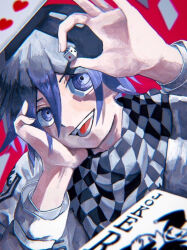 Rule 34 | 1boy, :d, black hair, card, checkered neckerchief, danganronpa (series), danganronpa v3: killing harmony, hair between eyes, highres, holding dice, joker (playing card), looking at object, male focus, neckerchief, oma kokichi, open mouth, playing card, purple hair, red background, sawaki (2d1ty), short hair, smile, solo, teeth