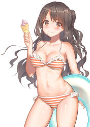 Rule 34 | &gt;:), 1girl, bare shoulders, bikini, blush, breasts, brown eyes, cleavage, closed mouth, collarbone, commentary request, contrapposto, cowboy shot, food, food on face, frilled bikini, frills, highres, holding, holding food, holding swim ring, ice cream, ice cream cone, idolmaster, idolmaster cinderella girls, idolmaster cinderella girls starlight stage, innertube, long hair, looking at viewer, medium breasts, navel, one side up, orange bikini, shimamura uzuki, shoukichi (shony), simple background, smug, solo, stomach, strap gap, striped bikini, striped clothes, swim ring, swimsuit, transparent, very long hair, wavy hair, white background