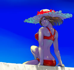 Rule 34 | 1girl, back, bare shoulders, bikini, breasts, brown hair, day, female focus, flower, hat, konpasu, large breasts, looking back, meiko (vocaloid), open mouth, outdoors, short hair, sky, smile, solo, straw hat, swimsuit, vocaloid