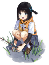 Rule 34 | 1girl, :d, black eyes, black hair, black shirt, bob cut, brown footwear, clothes pin, commentary, conto, fishing rod, full body, grass, grey skirt, hair ornament, highres, holding, holding fishing rod, knees, layered sleeves, life vest, loafers, long sleeves, looking at viewer, mari (conto), medium hair, name tag, one side up, open mouth, orange vest, original, outdoors, pleated skirt, shirt, shoes, short over long sleeves, short sleeves, simple background, skirt, smile, socks, solo, squatting, t-shirt, vest, white background, white shirt, white socks
