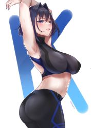 Rule 34 | 1girl, alternate costume, armpits, arms up, ass, blue eyes, blue hair, breasts, covered erect nipples, cowboy shot, dark blue hair, hair intakes, highres, hololive, hololive english, large breasts, midriff, ouro kronii, pants, parted lips, short hair, solo, sports bra, sweat, tinnies, two-tone sports bra, virtual youtuber, yoga pants