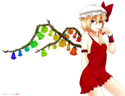 Rule 34 | 1girl, aged up, arm behind back, armband, bare shoulders, blonde hair, blue flower, blue rose, character name, collarbone, dress, female focus, flandre scarlet, flat chest, flower, green flower, green rose, hat, hat ribbon, highres, hyou haku, orange hair, purple flower, purple rose, rainbow order, rainbow text, red dress, red eyes, red flower, red hair, red rose, red skirt, ribbon, rose, short dress, short hair, side ponytail, simple background, skirt, solo, spaghetti strap, thorns, touhou, wings, wrist cuffs, yellow flower, yellow rose
