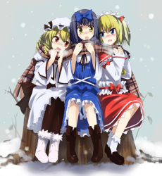 Rule 34 | 3girls, black hair, blonde hair, blue eyes, blush, boots, breath, cold, drill hair, female focus, gotyou, luna child, multiple girls, pantyhose, perfect memento in strict sense, red eyes, ribbon, scarf, shared clothes, shared scarf, snow, star sapphire, sunny milk, touhou, tree stump, twintails, yellow eyes