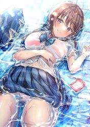 Rule 34 | 1girl, bag, blue neckwear, blue skirt, bra, brown hair, closed mouth, collared shirt, commentary request, hair between eyes, highres, looking at viewer, lying, moe2022, navel, on back, original, panties, partially submerged, pink bra, pink panties, plaid, plaid skirt, pleated skirt, purple eyes, school bag, school uniform, see-through, shiitake taishi, shirt, skirt, smile, solo, thighs, underwear, water, wet, wet clothes, wet shirt, white shirt