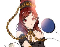 Rule 34 | 1girl, breasts, chain, choker, cleavage, earth (ornament), facing viewer, hat, hecatia lapislazuli, kagari6496, light smile, long hair, looking at viewer, moon (ornament), off-shoulder shirt, off shoulder, red eyes, red hair, shirt, sketch, solo, touhou
