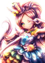 Rule 34 | + +, 10s, blue eyes, blush, closed mouth, collarbone, cure parfait, elbow gloves, gloves, green eyes, highres, jewelry, kirakira precure a la mode, looking at viewer, multicolored eyes, necklace, one eye closed, ponytail, precure, red hair, smile, solo, v, v over eye, white gloves, yunomoto chihiro
