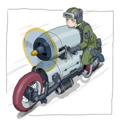 Rule 34 | closed mouth, driving, fusion, gatling santouhei, gloves, goggles, goggles on headwear, green eyes, green jacket, green pants, grey gloves, highres, jacket, motor vehicle, motorcycle, original, pants, pilot helmet, propeller, simple background, white background