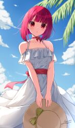 Rule 34 | 1girl, :o, arima kana, as4gi, back bow, bare shoulders, blue sky, blunt bangs, blush, bob cut, bow, breasts, choker, cleavage, cloud, collarbone, commentary, cowboy shot, dated, day, dress, floating hair, frilled dress, frills, green ribbon, hat, unworn hat, hat ribbon, unworn headwear, highres, holding, holding clothes, holding hat, inverted bob, looking at viewer, medium breasts, medium hair, off-shoulder dress, off shoulder, oshi no ko, outdoors, palm tree, red bow, red choker, red eyes, red hair, red ribbon, ribbon, shadow, signature, sky, solo, sun hat, sundress, tree, white dress