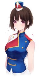 Rule 34 | 1girl, arms at sides, blue hat, blush, bodysuit, breasts, brown hair, buttons, dated, double-breasted, hat, hibike! euphonium, highres, medium breasts, mini hat, mole, mole under eye, nakaseko kaori, parted lips, pink eyes, purple eyes, short hair, sleeveless, solo, symbol-shaped pupils, tareme, tr (hareru), uniform, upper body