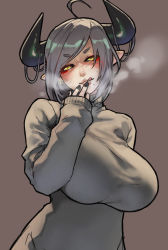 Rule 34 | 1girl, ahoge, black nails, black sclera, blush, breasts, colored sclera, demon girl, earrings, eu03, female focus, finger to mouth, grey background, grey sweater, half-closed eyes, head tilt, heavy breathing, horns, huge breasts, jewelry, licking lips, lips, looking at viewer, mole, mole under mouth, nail polish, naughty face, original, pointy ears, shiny clothes, shiny skin, short eyebrows, short hair, silver hair, sleeves past wrists, solo, steam, sweat, sweater, swept bangs, taut sweater, thick eyebrows, tongue, tongue out, turtleneck, turtleneck sweater, upper body, yellow eyes