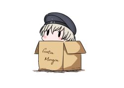 Rule 34 | 10s, 1girl, 2017, absurdres, box, cardboard box, dated, german text, hat, hatsuzuki 527, highres, in box, in container, kantai collection, sailor hat, short hair, silver hair, simple background, solid oval eyes, solo, translated, twitter username, white background, z1 leberecht maass (kancolle)