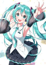 Rule 34 | 1girl, :d, aqua eyes, aqua hair, aqua necktie, arm up, armpits, bare shoulders, black skirt, black sleeves, black thighhighs, blush, breasts, circle skirt, collared shirt, commentary, detached sleeves, hair between eyes, hair ornament, hand up, hatsune miku, headphones, headset, highres, long hair, long sleeves, medium breasts, necktie, open mouth, outstretched arm, pleated skirt, see-through, see-through sleeves, shirt, skirt, sleeveless, sleeveless shirt, smile, solo, sutoroa, teeth, thighhighs, twintails, upper teeth only, very long hair, vocaloid, white background, white shirt, wide sleeves