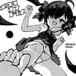 1girl ;d ahoge backbeako_(torotei) backbeard bare_legs bare_shoulders barefoot blush bow bow_panties breasts commentary dated dated_commentary dress extended_upskirt feet foot_focus from_below gegege_no_kitarou gloves greyscale hair_over_one_eye hair_ribbon kono_lolicon_domome loli long_hair looking_at_viewer looking_down monochrome navel neckerchief one_eye_closed open_mouth original paid_reward_available panties pointy_ears ribbon simple_background sleeveless sleeveless_dress small_breasts smile soles solo toes torotei translated twintails underwear upskirt very_long_hair watermark web_address white_background