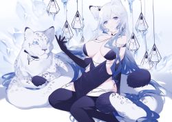 Rule 34 | 1girl, absurdres, animal, animal ear fluff, animal ears, animal print, arm at side, bare shoulders, black dress, black gloves, black thighhighs, blue eyes, blunt bangs, breasts, cleavage, closed mouth, collarbone, commentary, dress, elbow gloves, garter straps, gloves, groin, hand up, highres, lamp, large breasts, leopard, leopard ears, leopard girl, leopard tail, long hair, looking at viewer, miyuki (miyuki0529), original, sitting, skindentation, smile, solo, symbol-only commentary, tail, thighhighs, very long hair, white hair