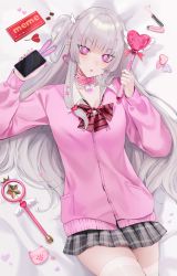 Rule 34 | 1girl, bad id, bad pixiv id, blunt bangs, blush, bow, bowtie, cellphone, collar, cosmetics, ear piercing, grey hair, grey skirt, hair ornament, heart, heart hair ornament, highres, holding, holding phone, holding wand, jacket, lipstick tube, long hair, long sleeves, looking at viewer, lying, nail polish, ompf, on back, on bed, one side up, original, parted lips, phone, piercing, pink collar, pink eyes, pink jacket, plaid, plaid skirt, pleated skirt, red bow, red bowtie, red nails, skirt, smartphone, solo, striped bow, striped bowtie, striped clothes, thighhighs, wand, white thighhighs
