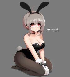 Rule 34 | 1girl, animal ears, artist name, bare shoulders, black choker, black hairband, black leotard, black pantyhose, blush, bound, bound wrists, breasts, chain, choker, cleavage, closed mouth, collarbone, covered navel, cuffs, curvy, fake animal ears, fake tail, full body, gloves, grey background, grey hair, hair between eyes, hairband, handcuffs, hwaryeok, kneeling, large breasts, leotard, lips, looking at viewer, looking up, mole, mole on breast, original, pantyhose, parted lips, playboy bunny, rabbit ears, rabbit tail, red eyes, seiza, short hair, sidelocks, simple background, sitting, solo, strapless, strapless leotard, tail, thighs, v arms, white background, white gloves, wrist cuffs