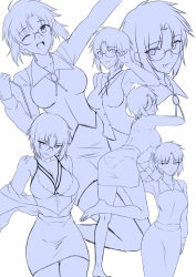 Rule 34 | 1girl, axia-chan, braid, breasts, ciel (tsukihime), clipboard, glasses, greyscale, highres, large breasts, looking at viewer, monochrome, multiple views, naughty face, one eye closed, pantylines, pasties, semi-rimless eyewear, short hair, sideboob, smile, tattoo, topless, tsukihime, underwear, undressing, unfinished, white background
