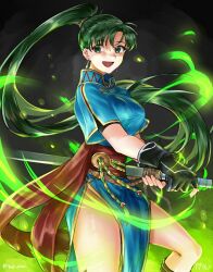 Rule 34 | 1girl, :d, black background, black gloves, blue dress, breasts, dress, earrings, fingerless gloves, fire emblem, fire emblem: the blazing blade, gloves, green eyes, green hair, high ponytail, highres, holding, holding sword, holding weapon, jewelry, katana, large breasts, long hair, looking at viewer, lyn (fire emblem), nintendo, open mouth, ponytail, short sleeves, signature, simple background, smile, solo, sword, tachi (weapon), thighs, tsukimura (d24f4z8j3t), twitter username, very long hair, weapon