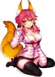 Rule 34 | 10s, 1girl, :d, akasakak, animal ears, black thighhighs, blush, boots, breasts, cleavage, fate/extra, fate (series), fox ears, fox tail, full body, high heels, highres, jewelry, large breasts, long hair, looking at viewer, necklace, official alternate costume, open mouth, pink hair, simple background, sitting, smile, solo, tail, tamamo no mae (fate/extra), tamamo no mae (spring casual) (fate), thighhighs, wariza, white background, yellow eyes