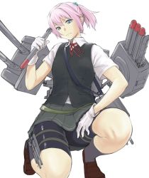 Rule 34 | 10s, 1girl, bike shorts, blue eyes, frown, gloves, grey skirt, hair intakes, holding, kantai collection, loafers, machinery, nujima, pink hair, pleated skirt, red ribbon, ribbon, shiranui (kancolle), shoes, short hair, short ponytail, short sleeves, simple background, skirt, solo, squatting, thigh strap, thighs, torpedo, turret, white background, white gloves