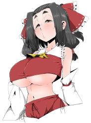 Rule 34 | 1girl, alternate hairstyle, ascot, bare shoulders, black hair, blush, bow, breasts, closed mouth, detached sleeves, frills, hair bow, hakurei reimu, half-closed eyes, highres, huge breasts, looking at viewer, navel, red bow, red eyes, simple background, solo, takeu, touhou, underboob, white background
