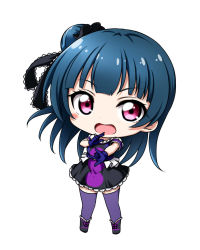 Rule 34 | 1girl, black dress, black footwear, black ribbon, blue hair, blush, boots, chibi, dress, frilled dress, frills, full body, gloves, hair bun, hair ribbon, kuena, long hair, looking at viewer, love live!, love live! school idol festival, love live! sunshine!!, \\n/, open mouth, puffy short sleeves, puffy sleeves, purple eyes, purple gloves, purple thighhighs, ribbon, short sleeves, simple background, single hair bun, solo, standing, thighhighs, thighhighs under boots, tsushima yoshiko, v-shaped eyebrows, very long hair, white background