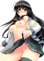 Rule 34 | 1girl, absurdres, black hair, black thighhighs, blush, breasts, hair ribbon, heart, heart-shaped pupils, highres, isokaze (kancolle), kantai collection, long hair, looking at viewer, medium breasts, nipples, no bra, no panties, open clothes, open shirt, pleated skirt, red eyes, ribbon, school uniform, serafuku, shirt, simple background, single thighhigh, skirt, solo, symbol-shaped pupils, thighhighs, tro, white background