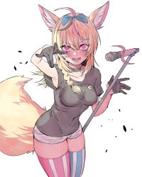 Rule 34 | 1girl, alternate costume, animal ears, asymmetrical legwear, black shirt, blonde hair, blush, bow, braid, breasts, casual, covered navel, cowboy shot, fangs, fox ears, fox tail, gloves, hair bow, hair ornament, half gloves, highres, hololive, kakult2017, looking at viewer, medium breasts, microphone, microphone stand, omaru polka, open mouth, purple eyes, serious, shirt, short shorts, shorts, skindentation, solo, striped clothes, striped thighhighs, t-shirt, tail, thick thighs, thighhighs, thighs, vertical-striped clothes, vertical-striped thighhighs, virtual youtuber, white background, white shorts