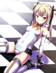 Rule 34 | 1girl, ankle boots, arm support, bare shoulders, black footwear, black gloves, black ribbon, blonde hair, blunt bangs, blush, boots, bow, bowtie, breasts, brown eyes, cameltoe, checkered floor, closed mouth, covered navel, dead or alive, dead or alive 5, detached sleeves, digdug006, elbow gloves, female focus, frilled thighhighs, frills, from side, frown, gloves, hair ribbon, halterneck, indoors, leaning back, leotard, long hair, looking at viewer, marie rose, on floor, orange bow, orange bowtie, orange eyes, parted bangs, ribbon, shadow, shoes, sidelocks, sitting, skin tight, small breasts, solo, spread legs, stitches, thighhighs, turtleneck, twintails, wariza, white gloves, white leotard, white thighhighs, yellow eyes
