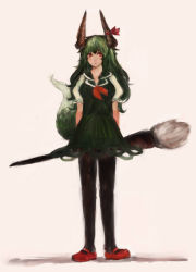 Rule 34 | 1girl, ascot, bad id, bad pixiv id, black pantyhose, blush, bow, breasts, calligraphy brush, dress, ex-keine, full body, green dress, green hair, highres, holding, horns, kamishirasawa keine, large breasts, long hair, looking to the side, mary janes, paintbrush, pantyhose, puffy sleeves, red eyes, red footwear, shoes, slvtr, solo, standing, tail, touhou