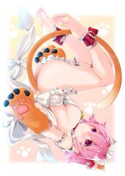Rule 34 | 1girl, apron, barefoot, blush, breasts, cat tail, dress, feet, full body, gradient background, hair between eyes, highres, kantai collection, ko yu, large breasts, naked apron, name connection, paw print, paw print background, pink hair, red eyes, short hair, soles, solo, tail, tama (kancolle), tamamo cat (third ascension) (fate), toes
