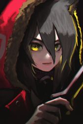 Rule 34 | 1girl, animal ears, arknights, black background, fur-trimmed hood, fur trim, hair between eyes, hand up, highres, holding, holding knife, hood, hood up, hooded jacket, jacket, knife, lips, looking at viewer, mask, mask around neck, portrait, projekt red (arknights), reze (rewindze), simple background, solo, v-shaped eyebrows, wolf ears, wolf girl, yellow eyes