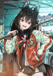 Rule 34 | 1girl, absurdres, ahoge, animal ear fluff, animal ears, black hair, black hoodie, black shorts, bokken, braid, breasts, commentary request, earrings, fang, fox ears, fox girl, fox tail, graffiti, hair between eyes, hand in pocket, highres, holding, holding weapon, hololive, hood, hoodie, jacket, jewelry, kurokami fubuki, ling mu, long hair, looking at viewer, neckerchief, open clothes, open jacket, open mouth, red eyes, red neckerchief, short shorts, shorts, sidelocks, single braid, skin fang, small breasts, solo, sword, tail, v-shaped eyebrows, virtual youtuber, weapon, wooden sword