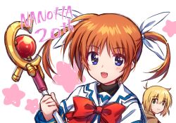 1boy 1girl :d absurdres anniversary blonde_hair blue_eyes blush bow brown_hair character_name commentary_request green_eyes hair_between_eyes hair_ornament hair_ribbon highres holding holding_staff hood hood_down jacket long_sleeves looking_at_viewer lyrical_nanoha mahou_shoujo_lyrical_nanoha medium_hair open_mouth orange_hair orb raising_heart red_bow ribbon shenbei_xiaoqiu simple_background smile solo_focus staff star_(symbol) takamachi_nanoha twintails white_background white_jacket white_ribbon yuuno_scrya