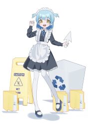 Rule 34 | 1girl, absurdres, apron, black dress, black footwear, blue hair, blue ribbon, collared dress, commentary request, cursor, dress, folder, frilled apron, frills, full body, hand up, highres, holding, icon (computing), long sleeves, looking at viewer, maid, maid apron, maid headdress, mary janes, medium hair, neck ribbon, numamomi, open mouth, original, pantyhose, recycle bin, ribbon, shoes, short dress, simple background, smile, solo, standing, standing on one leg, two side up, wet floor sign, white background, white pantyhose, yellow eyes