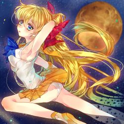 Rule 34 | 1girl, aino minako, armpits, ass, bad id, bad pixiv id, bare legs, bishoujo senshi sailor moon, blonde hair, blue eyes, blurry, bow, clothes lift, from side, full moon, hair bow, highres, moon, orange skirt, outstretched leg, panties, pleated skirt, red bow, sailor venus, shikke (1877944), skirt, skirt lift, sleeveless, solo, star (symbol), underwear, upskirt, white panties