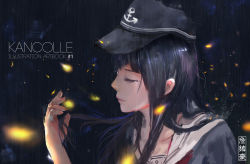 Rule 34 | 10s, 1girl, absurdres, akatsuki (kancolle), anchor symbol, cover, embers, eyelashes, closed eyes, hand in own hair, highres, kantai collection, kc (kccorporation), kevin chandra, lips, long hair, nose, portrait, profile, purple hair, rain, realistic, school uniform, serafuku, solo, tears