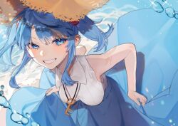 Rule 34 | 1girl, bent over, blue eyes, blue hair, blue skirt, glint, grin, hat, highres, kappa mame, kawashiro nitori, looking at viewer, skirt, sleeveless, smile, solo, sparkle, straw hat, touhou, water drop