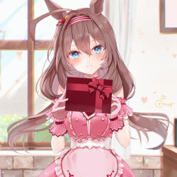 Rule 34 | 1girl, ahoge, animal ears, apron, artist name, blue eyes, blush, bow, box, box of chocolates, brown hair, chromatic aberration, closed mouth, commentary, cowboy shot, day, dress, ear ornament, frilled apron, frilled sleeves, frills, gloves, hair between eyes, hair intakes, hairband, hands up, heart, highres, holding, horse ears, horse girl, huge ahoge, indoors, kabu usagi, light smile, long hair, looking at viewer, mihono bourbon (umamusume), pink apron, pink dress, pink gloves, pink hairband, red bow, red hairband, short sleeves, signature, solo, split mouth, umamusume, valentine, waist apron, window, windowsill, wrist cuffs