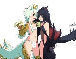 Rule 34 | 2girls, absurdres, animal ears, animal hands, black hair, blush, breasts, claws, commentary request, covered navel, dragon girl, highres, horns, leotard, loincloth, long hair, looking at another, miao yao cha, monster girl, monster hunter (series), multiple girls, nargacuga, personification, pout, small breasts, tail, tail raised, tail wagging, white hair, wings, zinogre