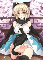 Rule 34 | 1girl, ahoge, barefoot, blonde hair, blush, bow, brown eyes, cherry blossoms, fate/grand order, fate (series), feet, foot focus, hair bow, hand on own chest, looking at viewer, okita souji (fate), okita souji (koha-ace), pov, shinsengumi, sitting, soles, thighs, toes