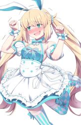 Rule 34 | 1girl, @ @, absurdres, ahoge, animal ears, argyle, argyle clothes, argyle legwear, artoria caster (fate), artoria caster (swimsuit) (fate), artoria caster (swimsuit) (second ascension) (fate), artoria pendragon (fate), bare shoulders, blonde hair, blue dress, blue thighhighs, blush, breasts, dress, fake animal ears, fate/grand order, fate (series), green eyes, hairband, highres, long hair, looking to the side, lucky ckm, open mouth, paw pose, puffy short sleeves, puffy sleeves, rabbit ears, short sleeves, skirt, small breasts, smile, solo, striped clothes, striped thighhighs, thighhighs, thighs, trembling, twintails, vertical-striped clothes, vertical-striped thighhighs, wavy mouth, white skirt, wrist cuffs