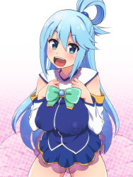 Rule 34 | 1girl, aqua (konosuba), aqua hair, blue eyes, blue hair, blush, bow, bowtie, breasts, breasts squeezed together, clenched hands, covered erect nipples, detached sleeves, elf k, hair between eyes, hands on own chest, happy, highres, kneeling, kono subarashii sekai ni shukufuku wo!, large breasts, legs, long hair, looking at viewer, matching hair/eyes, miniskirt, open mouth, puffy nipples, simple background, skirt, smile, solo, thighs