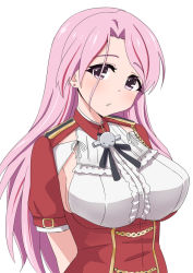 Rule 34 | 1girl, armpit cutout, arms behind back, black ribbon, breasts, clothing cutout, ear piercing, junes, kantai collection, large breasts, long hair, luigi di savoia duca degli abruzzi (kancolle), multicolored hair, neck ribbon, parted lips, piercing, pink eyes, pink hair, red hair, ribbon, short sleeves, simple background, solo, streaked hair, upper body, white background